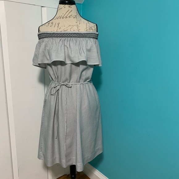 Loft OUTLET Micro Striped Off the Shoulder Dress - Picture 3 of 8